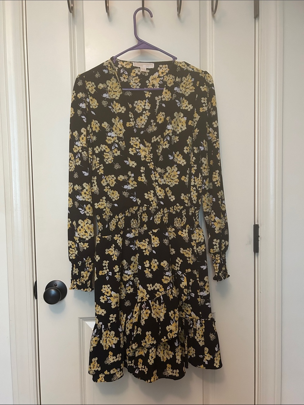 Michael Kors Black Long-Sleeve Floral Dress with Yellow Print
